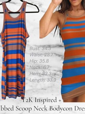 Striped Ribbed Scoop Neck Bodycon Dress - Orange & Blue